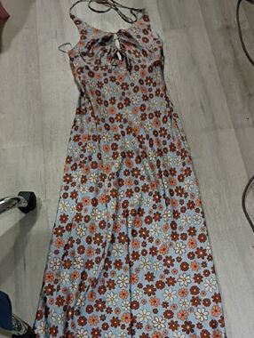 Floral Halter Maxi Dress in Light Blue and Rust